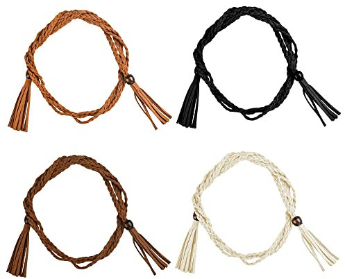 OTTYMO Taillengürtel Geflochten, 4 Stück Damen Hüftgürtel Holzperlen Quastegürtel PU Dünne Bindegürtel 4 Arten Farben Quaste Gürtel Kordel als Gürtel 1.6m Lang Quaste Kleidgürtel für Kleider Mäntel