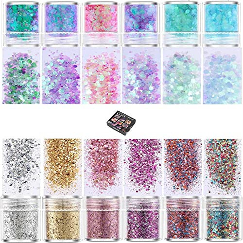 12 Couleurs de Paillettes Epaisses, Pailletées Chunky Glitter de Résine Holographiques Scintillantes Epoxy Mélange pour Bricolage Décoration Bougies Ongles Peinture Artisanat