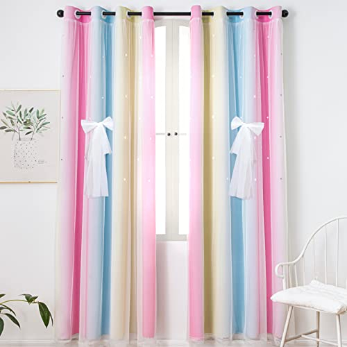 UNISTAR Verdunkelungsvorhänge mit Sternen, für Kinderzimmer, Mädchen, Wohnzimmer, Dekoration, bunt, doppellagig, Sternausschnitt, Streifen, Blaugrün, Rosa, Regenbogen, Fenster, Wand, Heimdekoration,