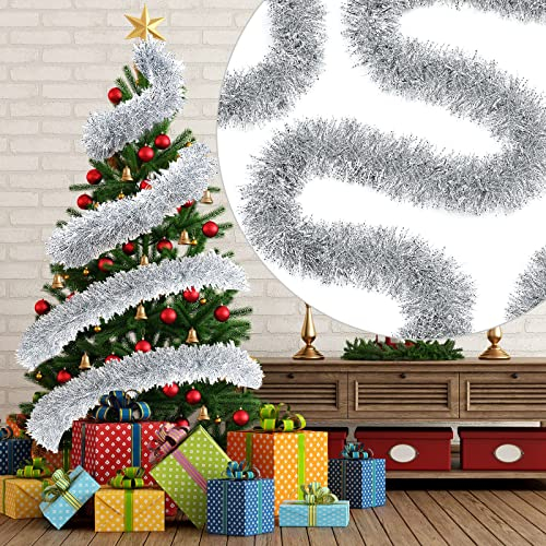 Dilunave 15 m Weihnachts-Lametta-Girlande, metallisch, gedrehte Girlande, Frostspitze, Glitzer, Weihnachtsbaumschmuck, Innen- und Außendekoration, 8.9 cm breit (Silber)