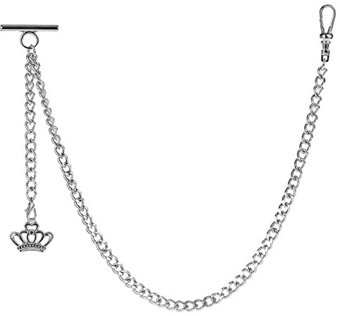 ZTA Herren Albert Kette Silber Taschenuhr Kette Weste Kette für Männer FOB T BAR mit Schwenkverschluss mit Krone Design Anhänger FOB Charme