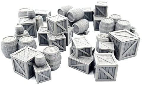 QP3D – Kisten und Fässer Streugelände – Fantasy-Holztruhe Händlerwaren für Tischlandschaft und RPG, 28–32 mm, Miniaturen, Kriegsspiel-Requisiten, DND D&D, 3D-gedruckt und lackierbar