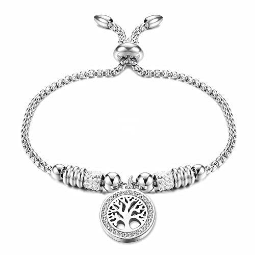 Chriscoco Bracelet Arbre de Vie Femme,Bracelet Réglable en Acier Inoxydable,Charme Perle Pendentif Bracelet, Bracelets en Argent pour Les Femmes