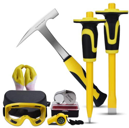 A peerless shovel 8 PCS Geology Rock Pick Equipment Kit,21oz Hammer and 2 Rock Digging chisels with Protective Caps,Digging Chisel Set,Gold mining and exploration equipment(yellow)