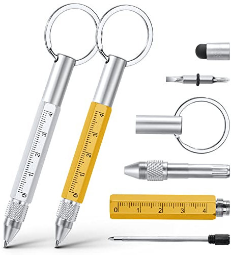 Vicloon Multi Tool Pen, 6 in 1 Multitools Gadgets for Men Dad, Grandad Gifts Include Ballpoint Pen, Touchscreen Stylus, Ruler, Key Chain, Flat and Phillips Screwdriver Dad Gifts (Yellow+Silver)