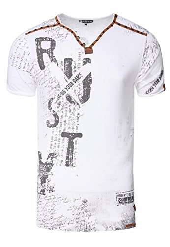 V-Neck Herren T-Shirt Vinatage Used-Look mit Plakativem Front und Back Print Kurzarm-Shirt Wildleder-Details mit Nieten-Verlauf 289