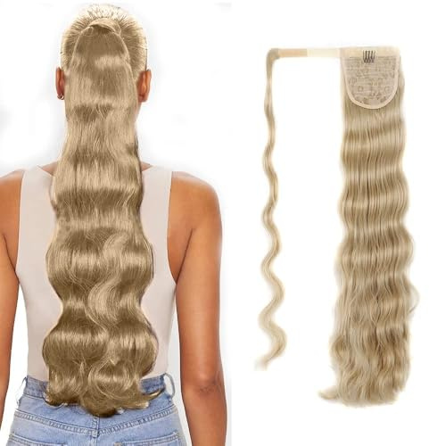 QKEPCY Body Wave Clip Ponytail Hair Extension Long Wavy Synthetic Hairpiece Wrap around Style Natural Looking Volume Enhancer