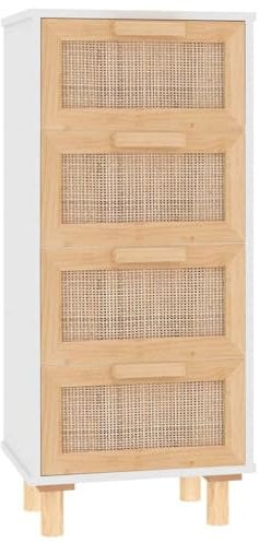 vidaXL Sideboard mit Schubladen Schrank Anrichte Beistellschrank Kommode Schubladenschrank Weiß 40x30x90cm Massivholz Kiefer Natur-Rattan