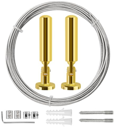 YIXISI 5m Wandhalterung Set, Metall Vorhangdraht, Gardine Stahlseil, für Foto Draht, Wäscheleine, Draht, Fenster, Vorhang, Spanndraht (Gold)