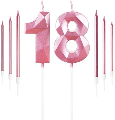 Yiran Girls Pink 18th Birthday Candles Set, Number 18 Candle with Long Candles, Birthday Candles for Cake, Cake Topper Decorations for Birthday Party and Wedding