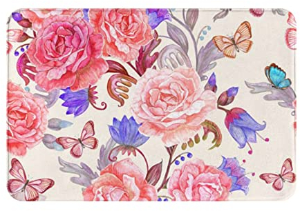 JCAKES Fußmatte mit Blume, Rose, Schmetterling, Teppich, Outdoor-Teppich, Teppiche für Schlafzimmer, waschbar, Küchenteppich, rutschfeste Teppichunterlage, kleiner Teppich, kleine Fußmatte