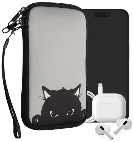 kwmobile Handytasche für Smartphones L - 6,5 - Neopren Handy Tasche Hülle Cover Case Schutzhülle - Neugierige Katze Grau Schwarz - 16,5 x 8,9 cm Innenmaße