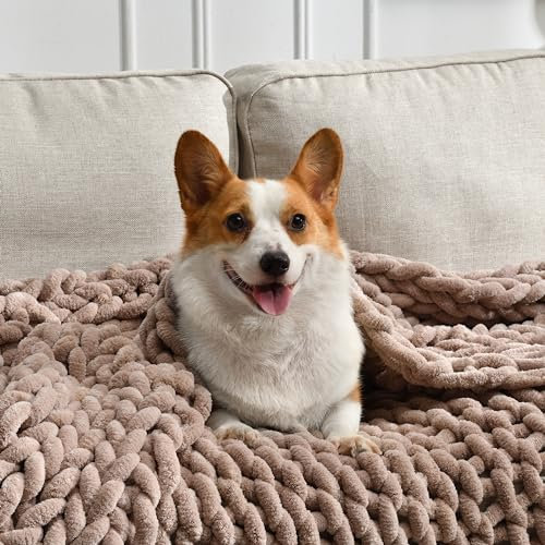 Feabuccy Weiche Grobstrickdecke, Decke, handgefertigt, dickes Chenille-Garn, Überwurf ohne Ausfallen und Verwirren, ästhetische und gemütliche Wohnkultur mit Couch, Sofa, Bett, Geschenkpackung, Braun