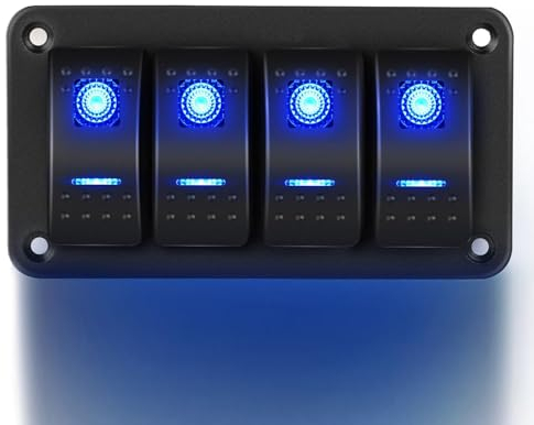 Gebildet Interruptor Basculante de 4 Vías 12V 24V DC - Panel de Aluminio 5 Pines ON/Off - Palanca Precableada Impermeable - Azul