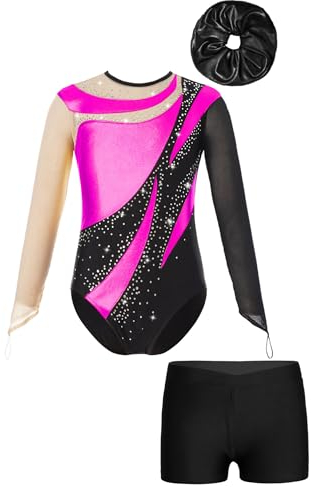 Runhomal Turnanzug Kinder Mädchen Gymnastikanzug Glänzend Trikot Leotard Sportbody Tanzshorts Langarm Turnbody Ballettbody Turnanzug Hot Pink & Schwarz 170