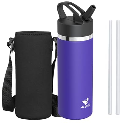 AORIN Trinkflasche Edelstahl, 500ml Auslaufsichere Wasserflasche mit Strohhalm, BPA-Frei Trinkflasche Kinder, Vakuumisolierte Thermoskanne für Sport, Schule, Fitness, Outdoor