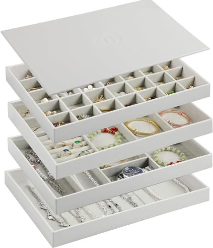 Neateam Bandeja para joyas con 4 niveles, apilable, de piel sintética, con tapa, organizador de joyas para mujer, de terciopelo, para collares, pulseras, relojes, color gris