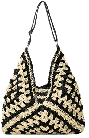 Halemet Stroh-Hobo-Taschen für Damen, Vintage, Umhängetasche, Tragetasche, Designer-Strandtasche, Urlaub, Arbeit, Alltag, Sommer, Schwarzer, verstellbarer Riemen, Einheitsgröße