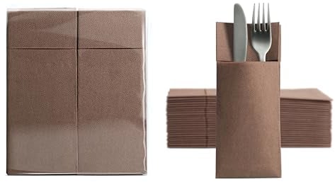 Aroba 50 Soft Point Besteckservietten weiches Material, Volumen & Struktur | fertig gefaltete Servietten mit Schlitz | 32x38 cm 1/8 Falz Bestecktasche |gute Qualität Braun