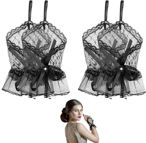 XNIVUIS 2 Paar Fingerlose Strass-Spitzenhandschuhe Damen Spitzenhandschuhe Elegant Kurze Sommer Spitze Hochzeitskleid Handschuhe für Hochzeit Party und Teeparty Abschlussball Abend (Schwarz)