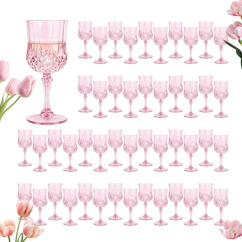 LEYIQU Lot de 48 verres à vin en plastique vintage pour mariage 200 ml | Verre à pied réutilisable en cristal incassable pour fête d'anniversaire et célébration de vacances Rose