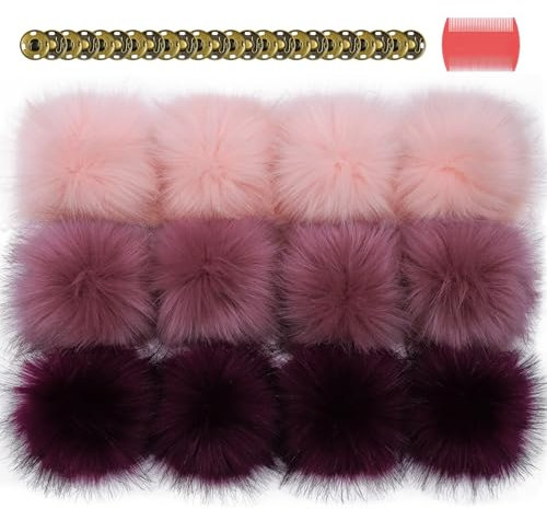 10 CM Faux Fox für Pompoms For Hats, 12 Stück Fellbommel Mit Druckknopf, Bommel für MüTze Fellbommel Pompon Kunstfell Bommel für SchlüSselanhäNger Tasche Mützen Anhänger DIY-Gemischtes Rosa