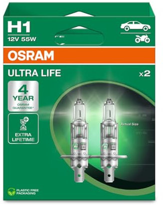 OSRAM ULTRA LIFE, H1, lampes de phares halogènes, boîte pliante suspendue (2 lampes), white