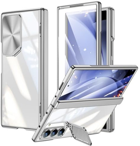 spoovcto for Samsung Galaxy Z Fold 6 Case: Camera Cover Kickstand, 9H Screen Protector, Slim Hinge Protection, Luxury Plating Edge Design, Anti-Yellowing Clear Transparent Phone Case for Fold6, Silver