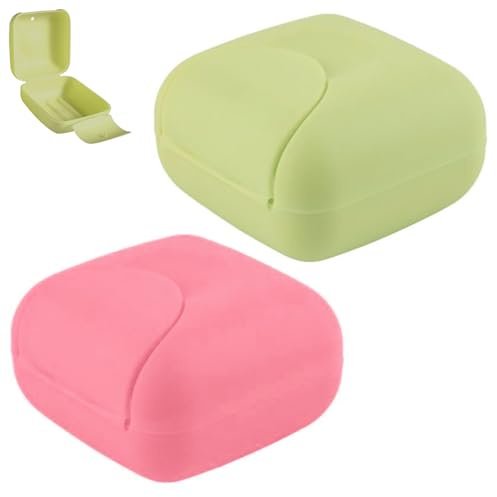 2 Pcs Travel Soap Box Small Size Square Sealed Portable Soap Dish Candy Color Soap Case Container With Lid for Home Outdoor Gym Camping Hiking (Pink+Green)