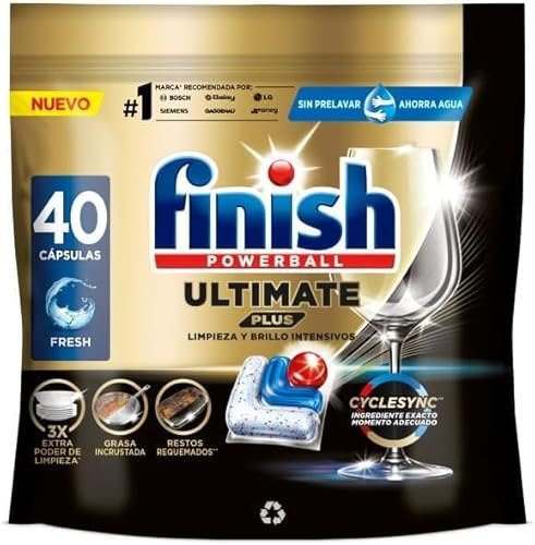 Finish Powerball Ultimate Plus All in 1 Dishwasher Tablets Cyclesync Technology Intensive Cleaning and Diamond Shine 40 Tablets