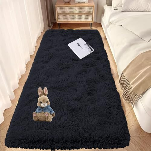 GOUTUI Hochflor Teppich 100 x 120 cm Flauschig Felloptik Teppich Wohnzimmer Weich & Schmutzabweisend Für Stühle Sofa Schlafzimmer Kinderzimmer, Schwarz