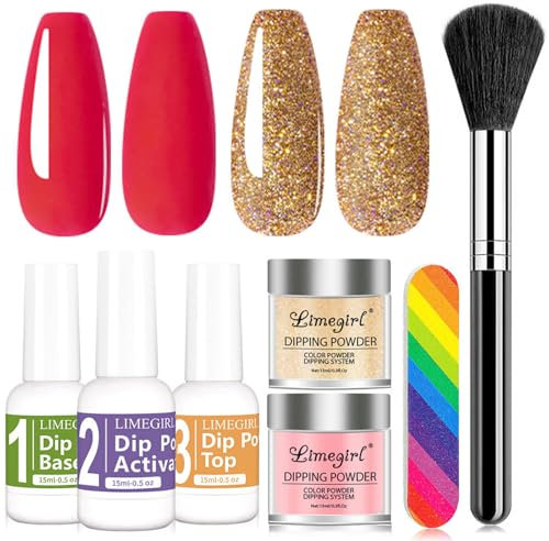 Dip Powder Nail Kit - Red & Gold 2 Colors Nail Art Manicure Set with Base & Top Coat - No Lamp Needed