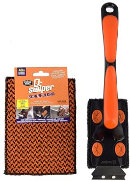 Q-Swiper XL Scrub-Clean BBQ Grill Cleaner Set - 1 Long Grill Brush with Scraper and 1 Scrub-Clean Reusable Cleaning Cloth | Bristle-Free | Scrub Away Tough Grease & Grime on Hot or Cold Grates.