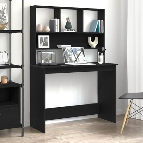 Myheimly Schreibtisch mit Regal, Computertisch mit viel Stauraum, Tisch für Wohnzimmer Büro, Bürotisch Arbeitstisch, Holzwerkstoff Schwarze Eiche