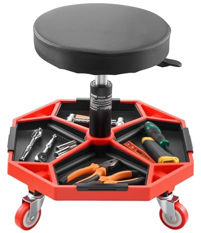 VEVOR Tabouret d'Atelier Mobile, Tabouret de Mécanicien sur roulettes Capacité de Charge 136 kg, Hauteur Réglable, avec Plateaux à Outils, pour Entretien Réparation Automobile Garage, Noir et Rouge