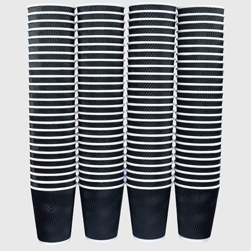 VABE UK Disposable Coffee Tea Cups - 100 Insulated Eco Friendly Paper Cups - 12 Ounce Rippled Wall for Added Protection - tripled Layer hot Drink Cup (Black)