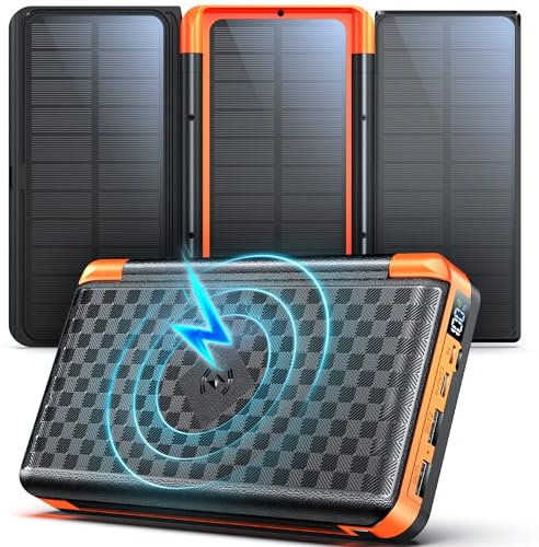 63200 mAh Power Bank Solar 3 Paneles Solares:Batería Externa de Carga Rápida de 22,5 W con USB-C Carga Inalámbrica Linterna SOS, Pantalla Digital, Ideal para Camping y Actividades al Aire Libre