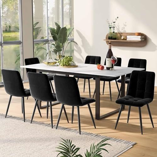 Essgruppe 9-teilig für 8 Personen Ausziehbares Esstisch mit 8 Esstischstühle Rechteckiger Küchentisch Gestell aus Metall für Küche Esszimmer Weiß mit 8 Stühlen 140-180x80x75cm