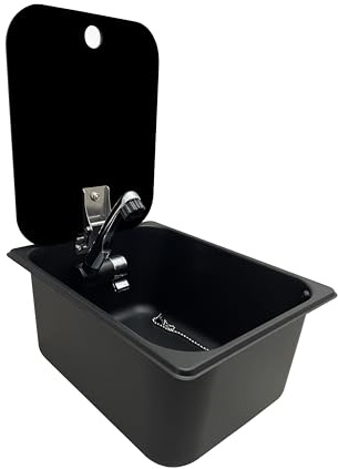 XENPER® Fregadero negro con tapa Camper con Grifo 12V y Desagüe – Ideal para Kit Camper Furgoneta, Lavabo Caravana y Cocina Camper, Ideal para Muebles Camper