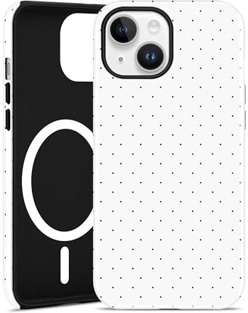 Jusy Handyhülle Magnetische für iPhone 14 / iPhone 13 Hülle, Aesthetic Polka-Dots Muster Motiv Design, Kompatibel mit MagSafe Zweischichtige Stoßfest Bumper Case, Weiß