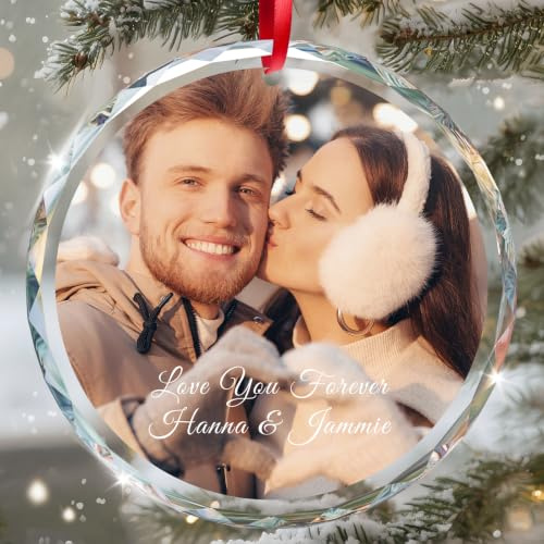 PREZINA Personalised Christmas Photo Bauble - Gifts for Family & Couple | Crystal Photo Baubles with Text | Personalised Ornaments for Xmas Tree Decor | Custom Ornaments for Mum, Dad, Kids or Pets