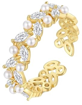 Skcess Bague en or jaune 14 carats pour femme avec diamant de laboratoire en forme de marquise et perle ronde, 63 (20.1), Diamant de laboratoire, Diamant de laboratoire