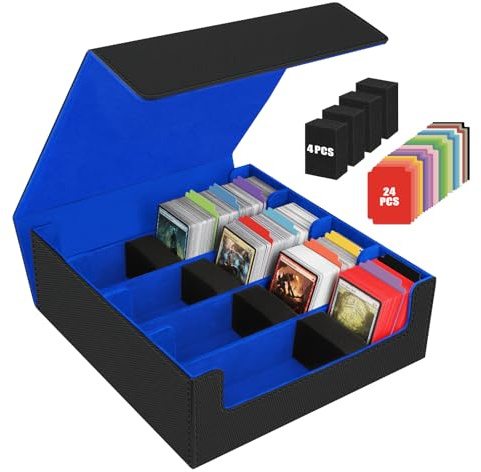 Karten Box für 3200+ Karten, Sammelkarten-Aufbewahrungsboxen mit 24 Bunt Trennwänden, 4 Schaumblöcke, Premium Magnetic Deck Boxen, PU Leder Deck Case für TCG Magic The Gathering Karten (Schwarzblau)