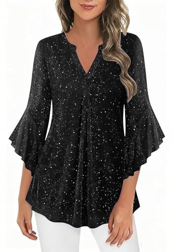 Bluse Damen Glitzer Oberteile Silvester Outfit Pailletten Blusenrock V Ausschnitt Tunika Festliche Blusen Zur Hochzeit Party Oberteil Glitzershirt Karneval Langarmshirt Damenblusen Glitzeroberteil