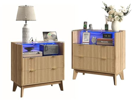 FUSOU 80CM Nachttisch-Set 2 mit Ladestation, LED-Beleuchtung, 2 Schubladen, Glasplatte & Metallgriffe für Schlafzimmer, Wohnzimmer, Büro, Eiche