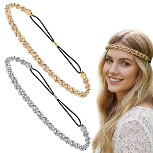 GAZIL 2-pack Flätat Kedja Pannband i Guld och Silver, Glittrande Håraccessoarer med Rhinestones för Kvinnor och Flickor, Justerbar Paljettkedja 70-talsstil