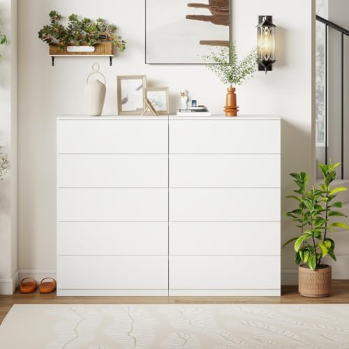 ZECIIYE Commode à 5 Tiroirs Lot de 2,Buffet,10 Tiroirs,Commode Chambre,Coiffeuse Table de Chevet,Modern Chiffonnier Meuble de Rangement pour Chambre,Salon,Bureau et Entrée,Blanc,60X40X120.5cm