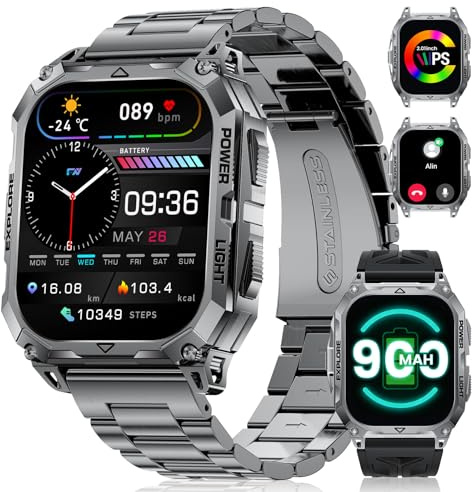 LIGE SMART Montre Connectée Homme, 2.01 Militaire Smartwatch avec 2 Câbles de Chargement/LED Lampe/110+ Modes Sportifs, Sommeil/900mAh Batterie/Appels Bluetooth/IP68 Étanche pour Android iOS, Noir