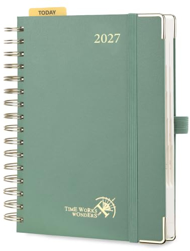 POPRUN Kalender 2027 Tageskalender A5 1 Tag 1 Seite, Hardcover Tagesplaner | 12-Monate-Terminplaner(Jan.2027-Dez.2027), Spiralbuch, 80 GSM Papier, mit Plastiklineal, für Büro & Studium(Mitternachtsgrün)
