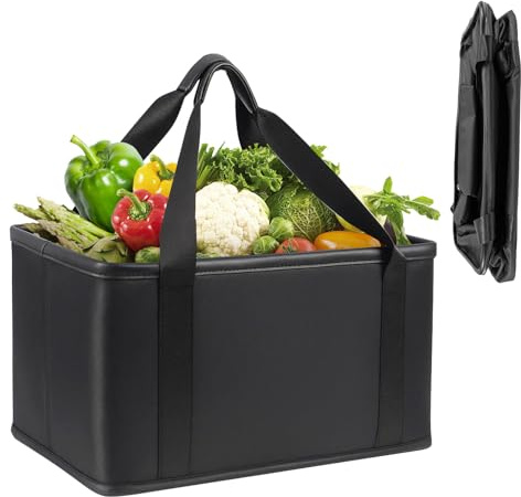 Faltbare Einkaufstasche, 30L Große Kapazität Einkaufskorb mit veganem Ledergriff, wasserdichte Oxford Stoff Tragetasche, Wiederverwendbare Picknicktasche für Einkauf, Picknick, Aufbewahrung (Black)